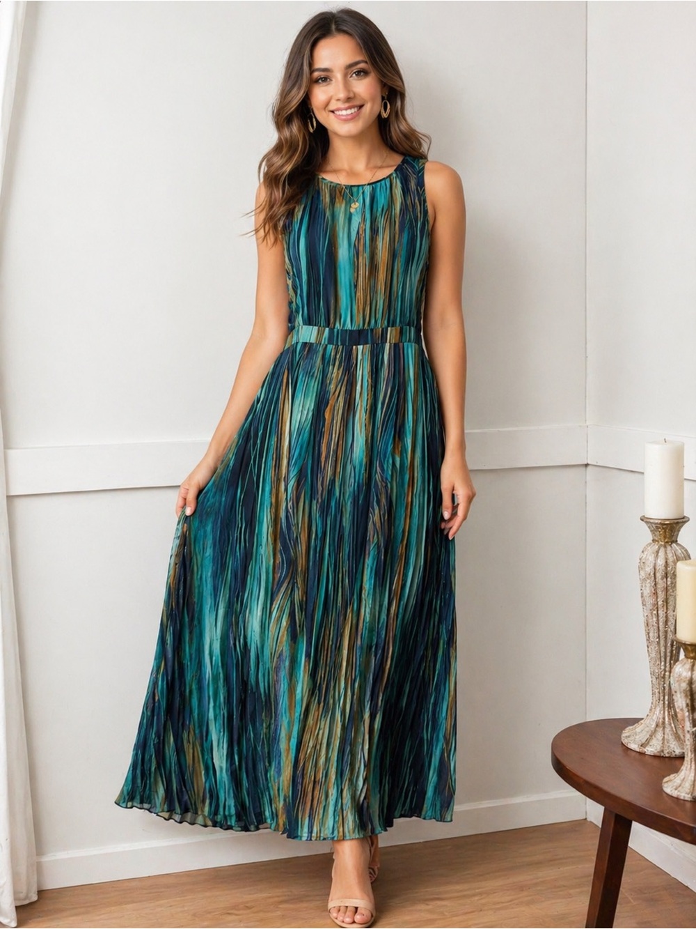Anthropologie Paper Crown Teal, Navy & Gold Striped Maxi Dress